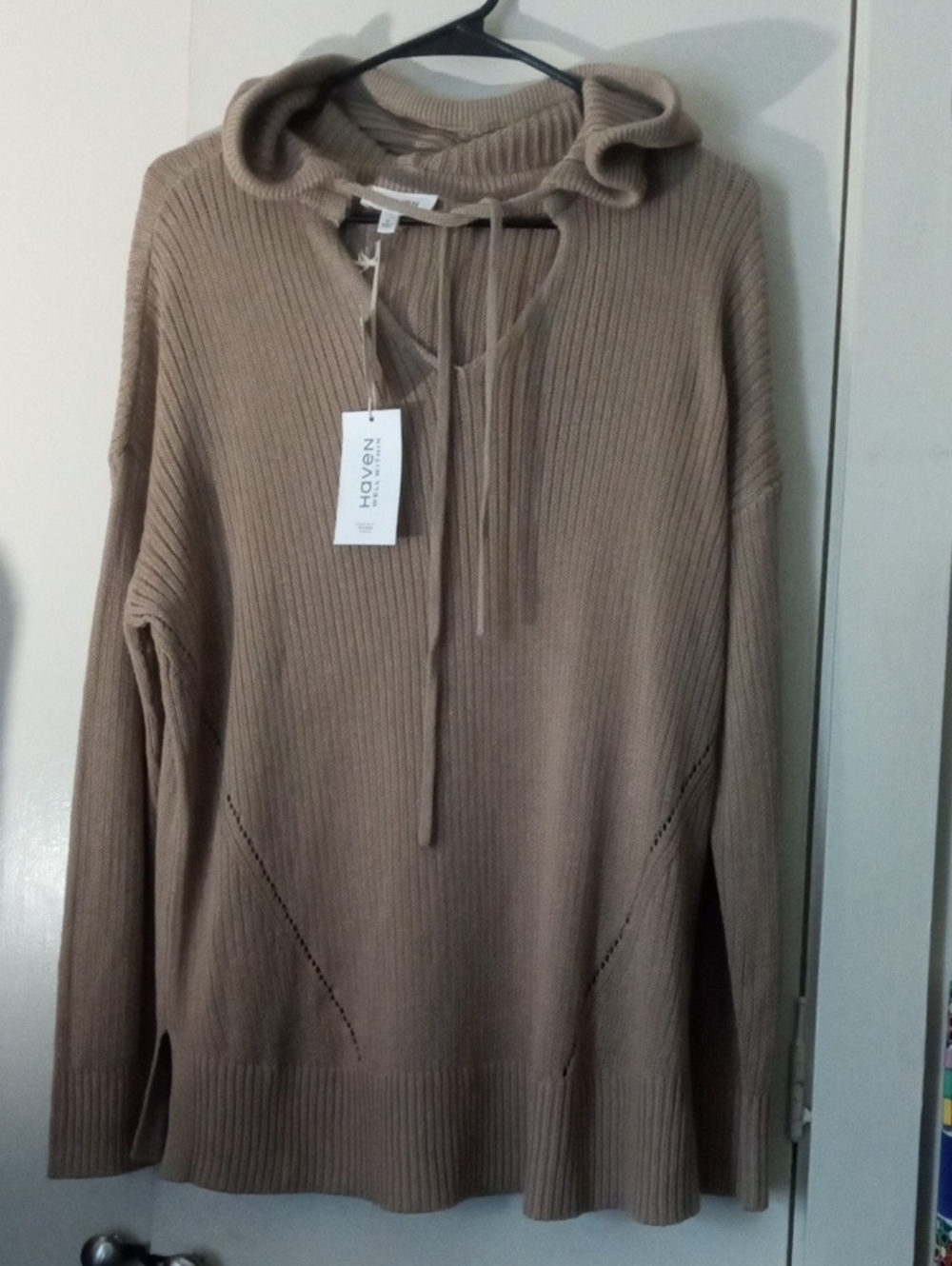NWT Haven by Talbots Taupe Hooded Ribbed Pullover Sweater Linen Cotton Blend